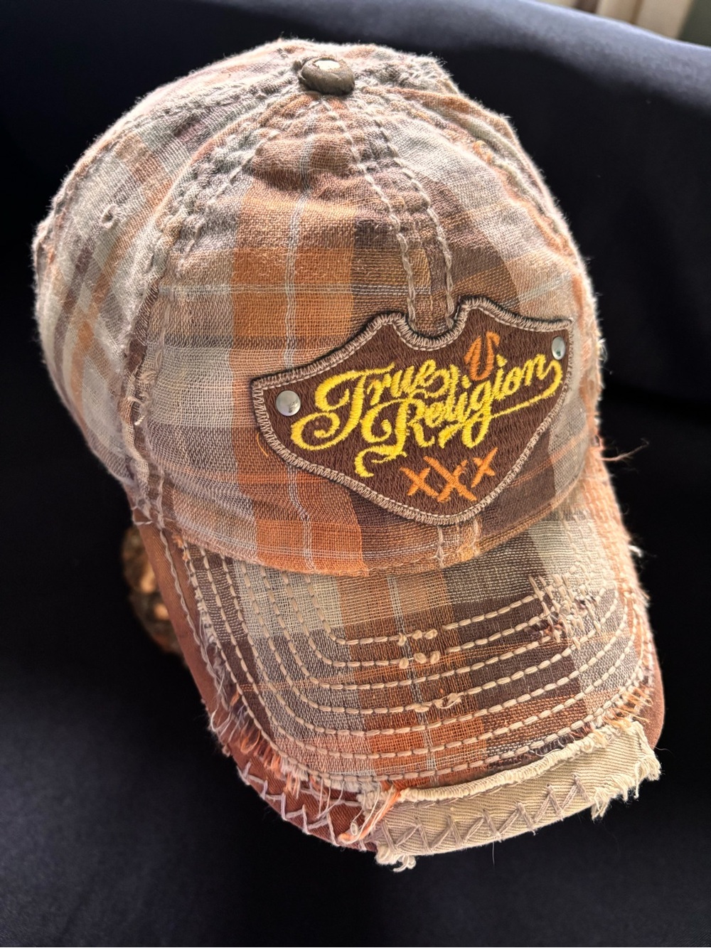 Vintage True Religion Plaid Distressed Baseball Cap - Brown & Orange